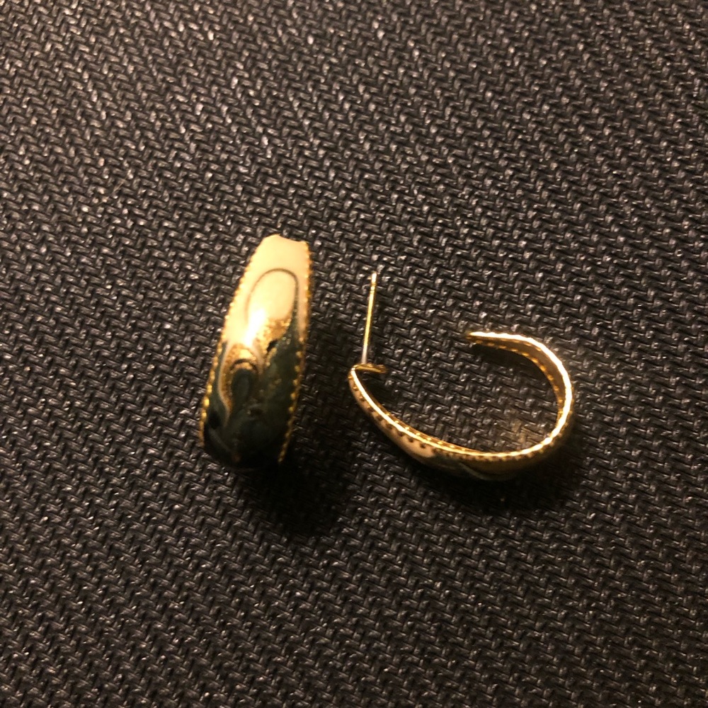 Vintage gold dangling blue, black and white design earrings, 90’s
